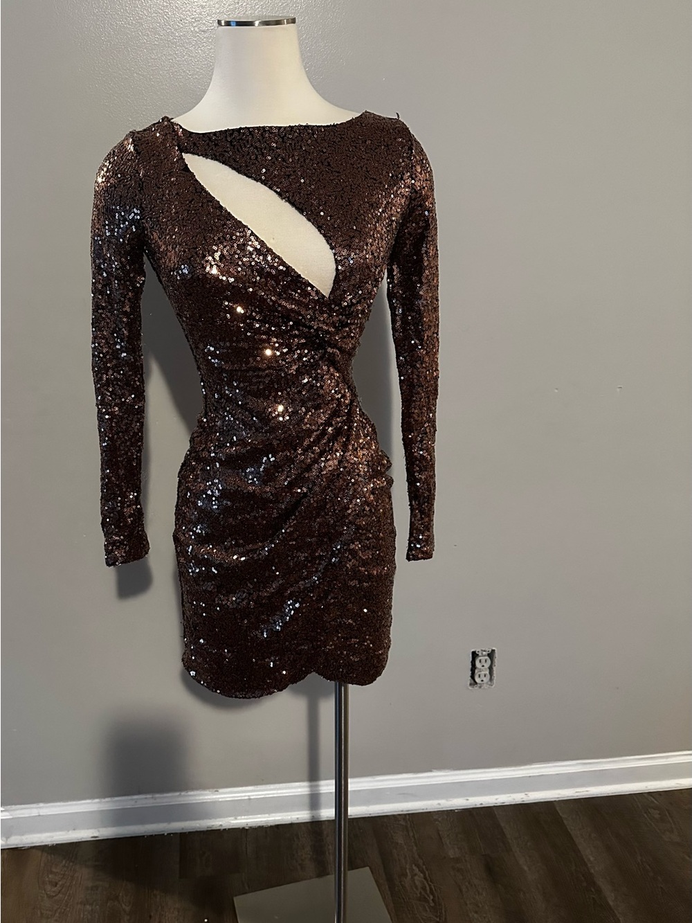 Fashion Nova Brown Sequin Long-Sleeve Cutout Mini Dress